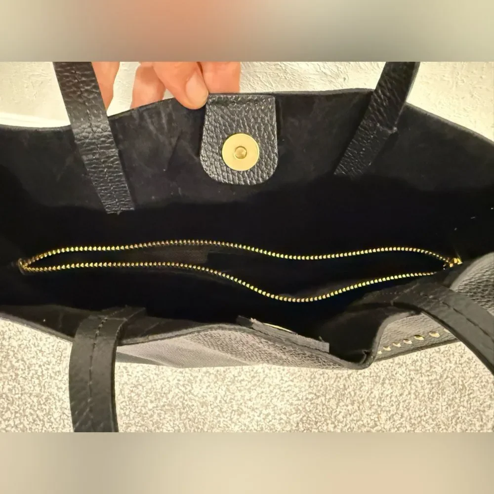 Bevini Modena Black Genuine Leather Tote Crossbody Purse Gold Studs